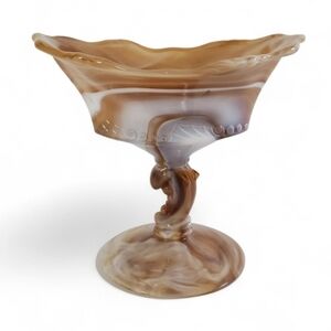 🟢 Vintage Imperial Caramel Slag Glass Compote Candy Dish MCM Footed Dish Decor
